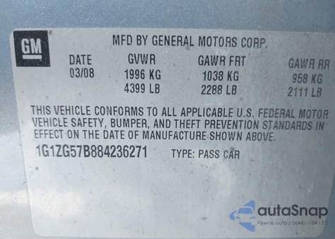 2008 Chevrolet Malibu Ls z USA, uszkodzony, nr VIN 1G1ZG57B884236271